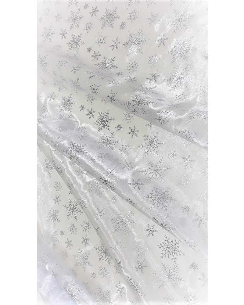 Tessuto organza stampa stella di ghiaccio principessa bianco argento alto 150 cm