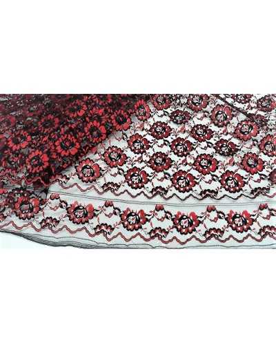 50 cm Tissu dentelle rashel bicolore noir et rouge festonné avec découpe motif espagnol bande 150 cm de haut