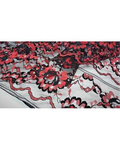 50 cm Tissu dentelle rashel bicolore noir et rouge festonné avec découpe motif espagnol bande 150 cm de haut