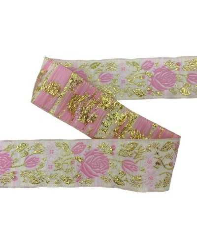 Trunks Stämme Gallon Grenze Gestickte Draht Lurex Rose Blätter Weißer Hintergrund 35 mm hoch
