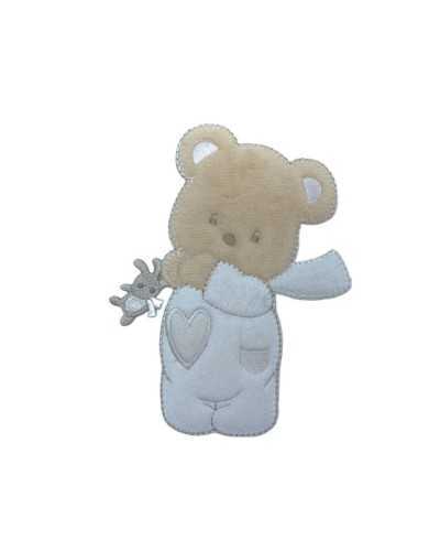 Application Thermoadhésive Bébé Nounours Lapin Coeur Velours Beige 13x10 Cm