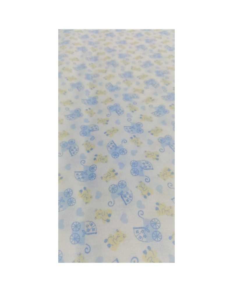 50 cm Tela por metros algodón estampado cochecito bebe oso beig azul claro fondo blanco 150 cm alto