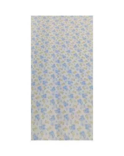 50 cm Meterware, bedruckter Baumwoll-Kinderwagen, hellblau, beige, Bär, weißer Hintergrund, 150 cm hoch
