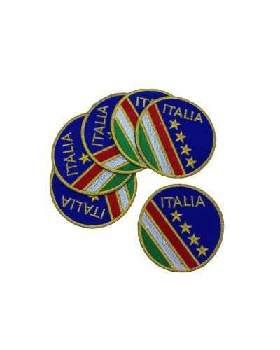 Toppa Patch Termoadesiva Tessuto Ricamato Oro Lurex Tondo Bandiera Scritta Italia Stelle 65x65 Mm