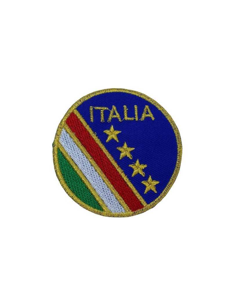 Iron-On Patch Fabric Embroidered Gold Lurex Round Flag Written Italy Stars 65x65 Mm