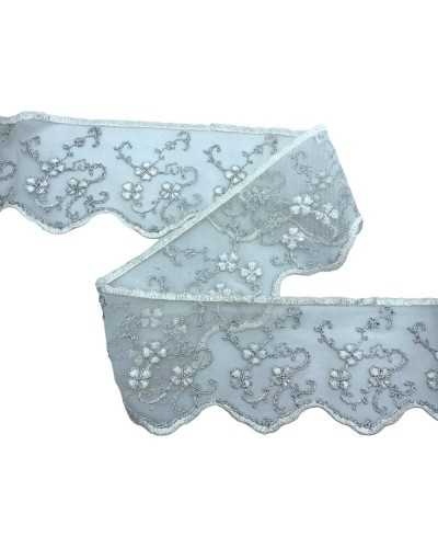 Tulle trimmings lace lurex lurex silver flowers sacking white milk 8 cm