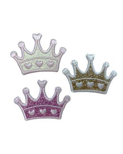Applicazione Toppa Patch Termoadesiva Baby Ricamo Cuore Corona Glitter 4,5x3 Cm