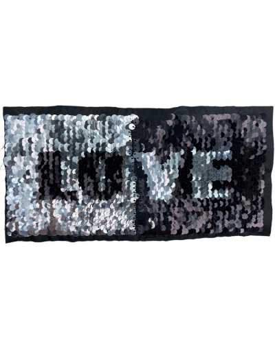 Aplicación Costura de lentejuelas de amor Doble cara reversible negro plata escrita amor 24x11.5 cm