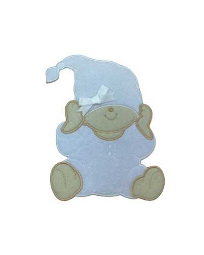 Applicazione Termoadesiva Baby Panno Lenci Bianco Ricamo Pigiama Orso Beige 17X13 Cm
