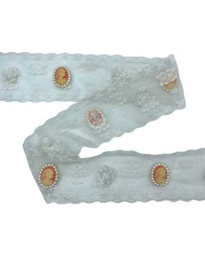 50cm Piazza Lace Rashel Trascezzo Tulle Marked Cream Embroidery Flower Cameo 5,5 cm