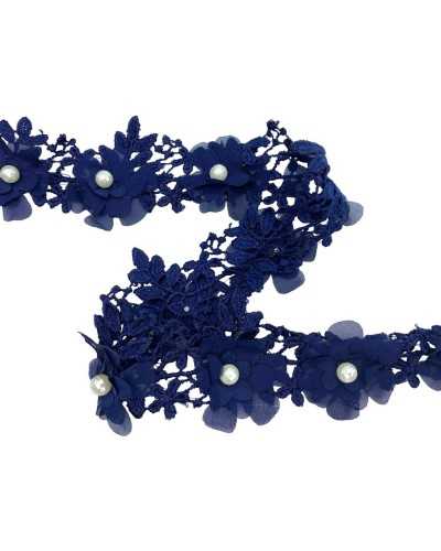 50cm Macramé Trimmings Blue Flower Georgette Pearl White Faceted High 5.5 cm