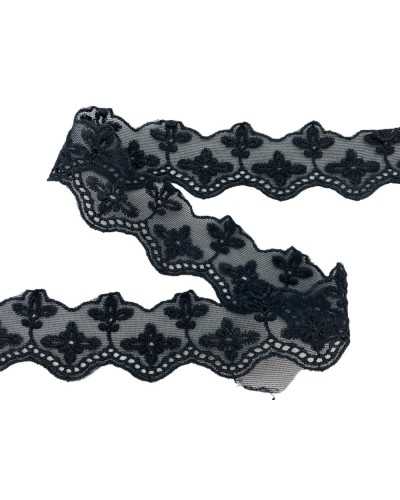 Lace Trimmings Lace Raschel Tulle Soft Black Design Flower Scalloped 35mm