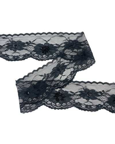 Spitzenbesatztülz-Raschel-Black-Stickerei-Black-Pailletten facettierte hohe Perle 6 cm