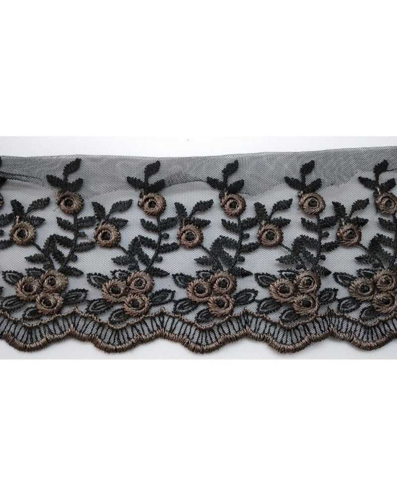 Spitzentüll, gewellt, bestickt, voller Blumen, braun, 8 cm hoch