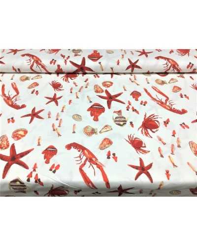 50 Cm Tela Tapizar Panama Estampado Langosta Estrellas Conchas Peces Fondo Blanco Alto 2,90 Mt