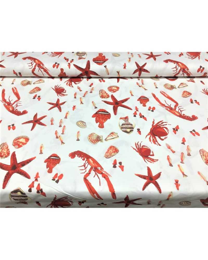 50 Cm Tela Tapizar Panama Estampado Langosta Estrellas Conchas Peces Fondo Blanco Alto 2,90 Mt