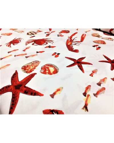 50 Cm Tela Tapizar Panama Estampado Langosta Estrellas Conchas Peces Fondo Blanco Alto 2,90 Mt