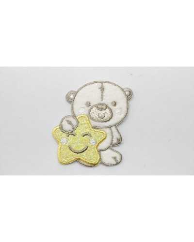 Teddy bear application with yellow glitter star and white embroidered cheeks 48x50 mm