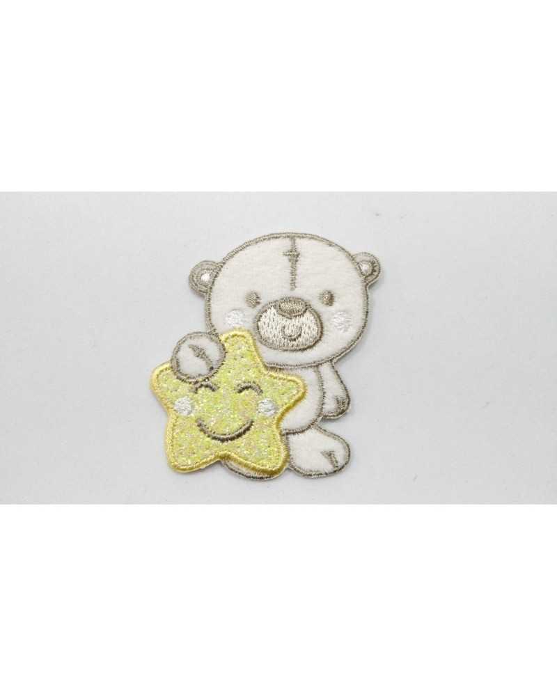 Teddy bear application with yellow glitter star and white embroidered cheeks 48x50 mm