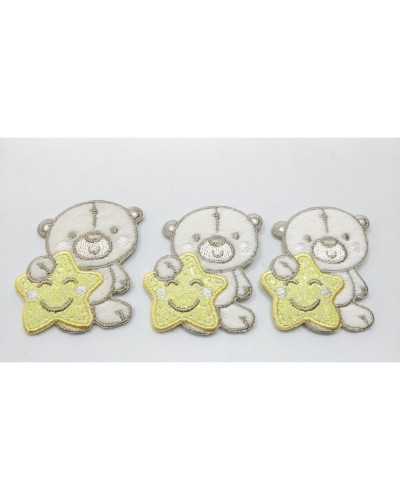 Teddybär-Applikation mit gelbem Glitzerstern und weiß gestickten Wangen 48x50 mm